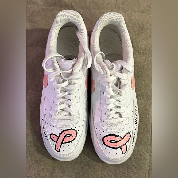 Hand painted Breast Cancer Awareness Nike Court Vision Sneakers Size 10 - Picture 1 of 8